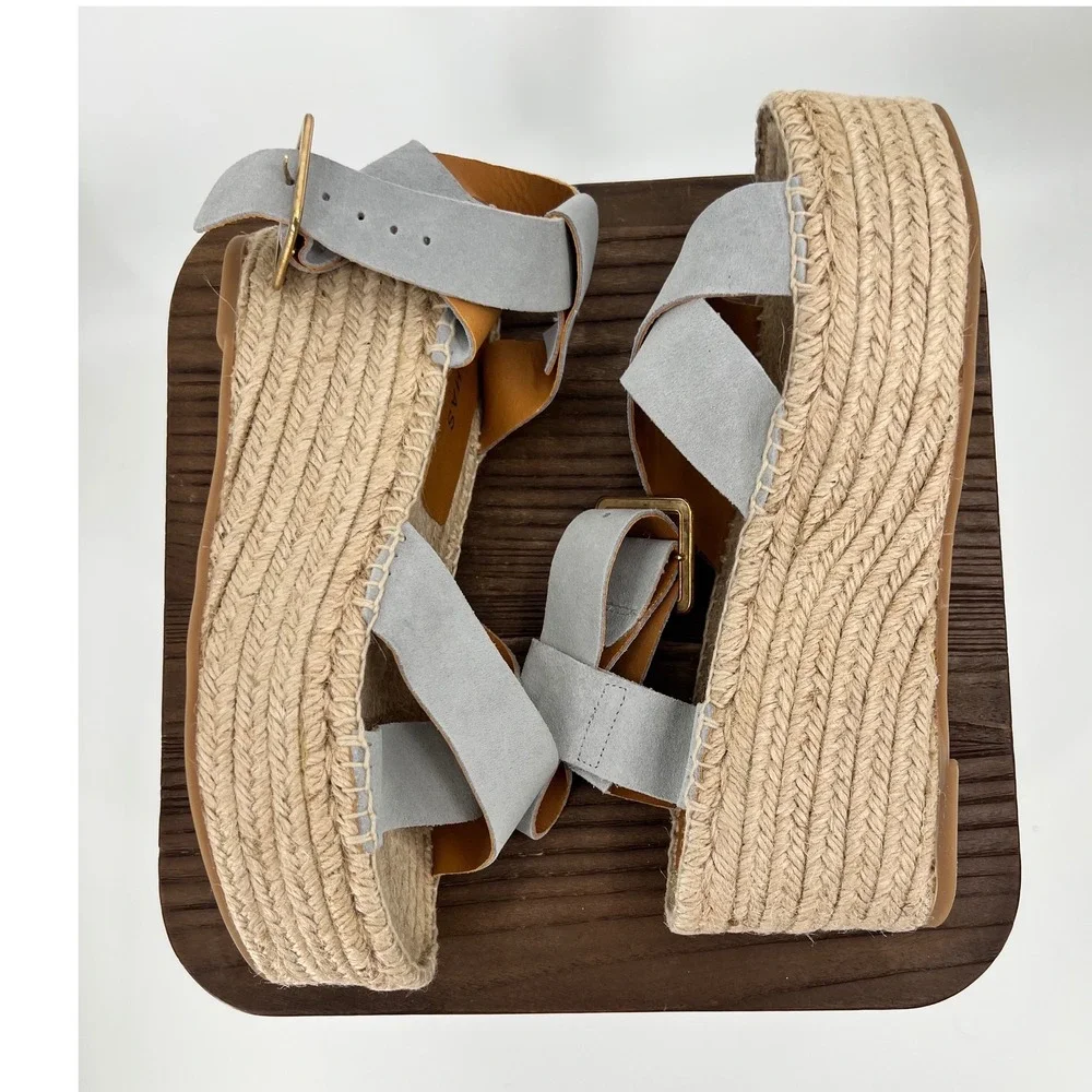 Alohas Kailua Stone Grey Suede Espadrille Platform Wedge Sandals Size 10 NWT